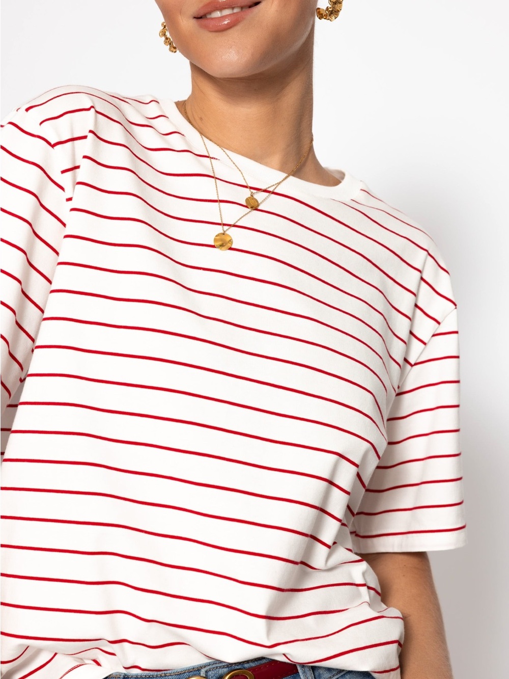 Women’s Cotton Red White Striped Stretch T-Shirt XL Casual Basic